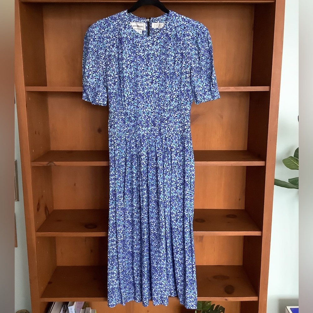 VTG 80s Karin Stevens Blue Floral Midi Dress Size 8 | Prairie Secretary Dress - Picture 2 of 14